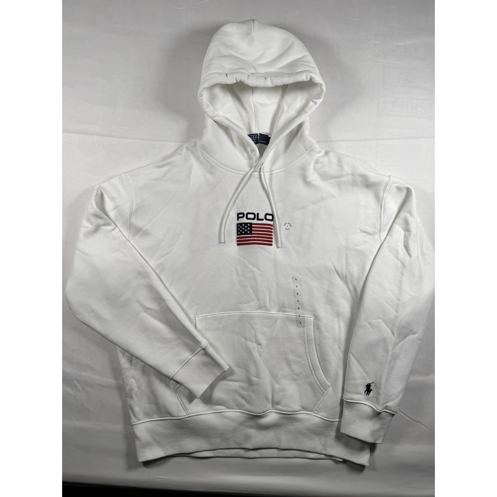 Polo Ralph Lauren Flag Fleece Hoodie Men's L White USA American Flag Pony